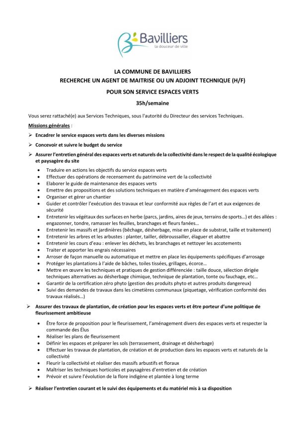 Offre d'emploi Agent de maitrise espaces verts