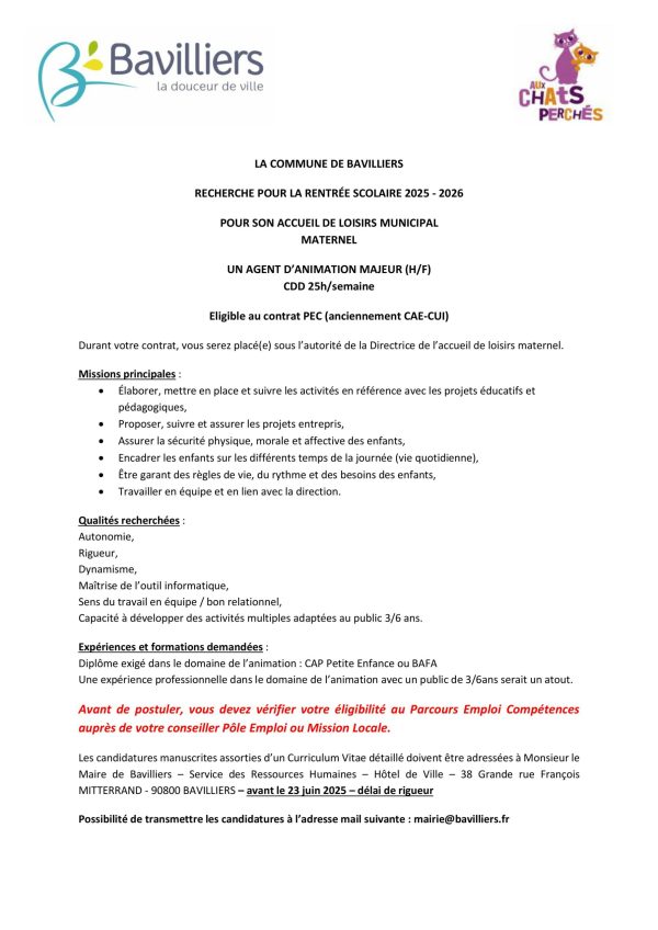 Offre d'emploi Animateur PEC 25h CP